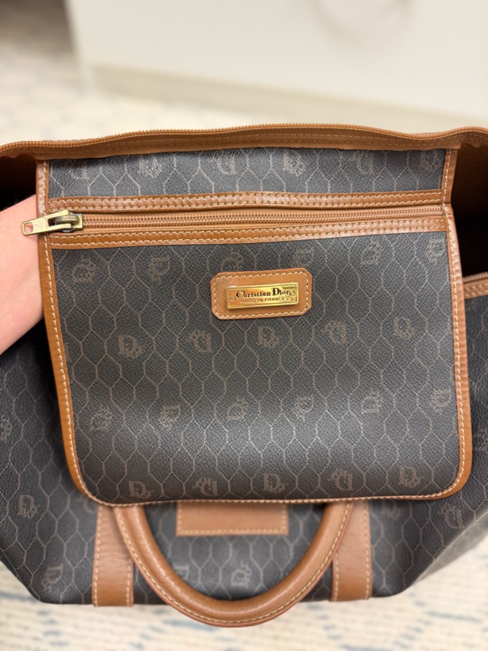DIOR Vintage Brown Iconic Monogram Honeycomb Coated Canvas Weekender Travel Bag - Picture 12 of 16